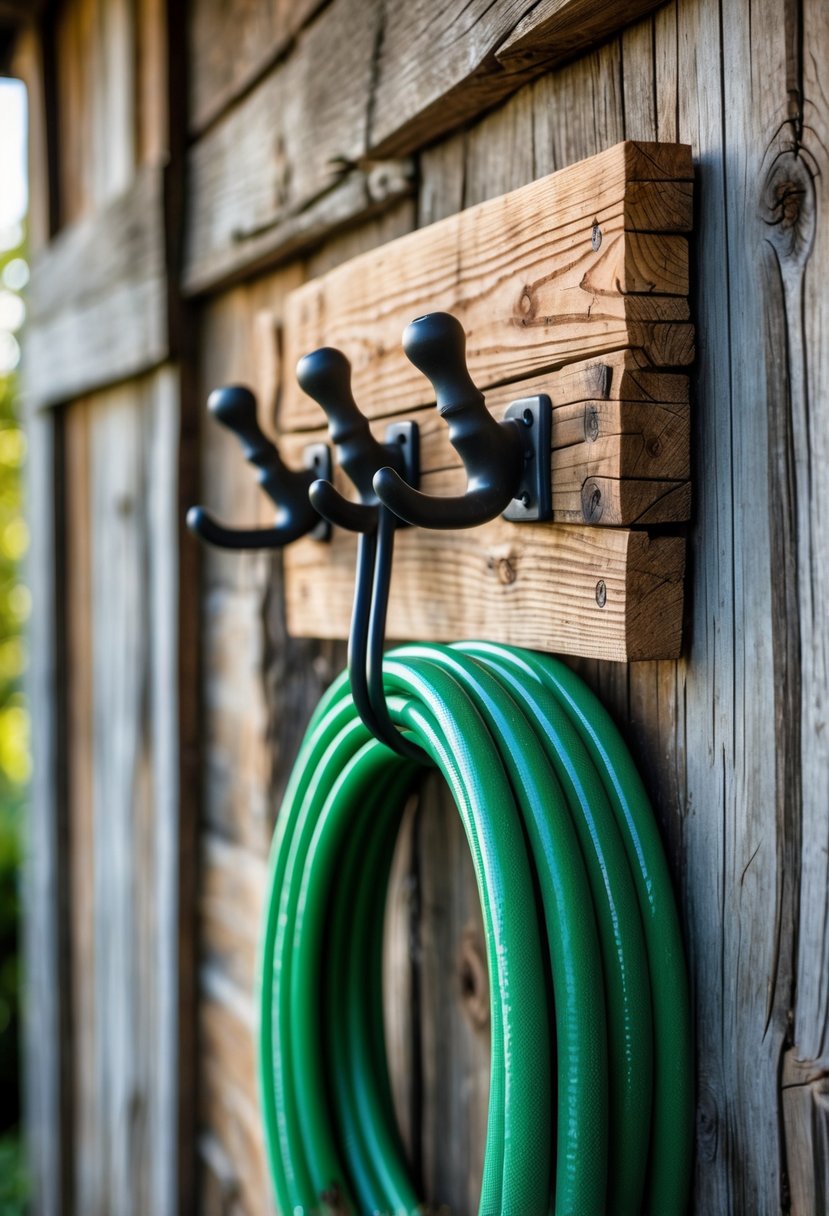 A garden hose neatly coiled on a wooden hanger mounted on a weathered barn wood wall.