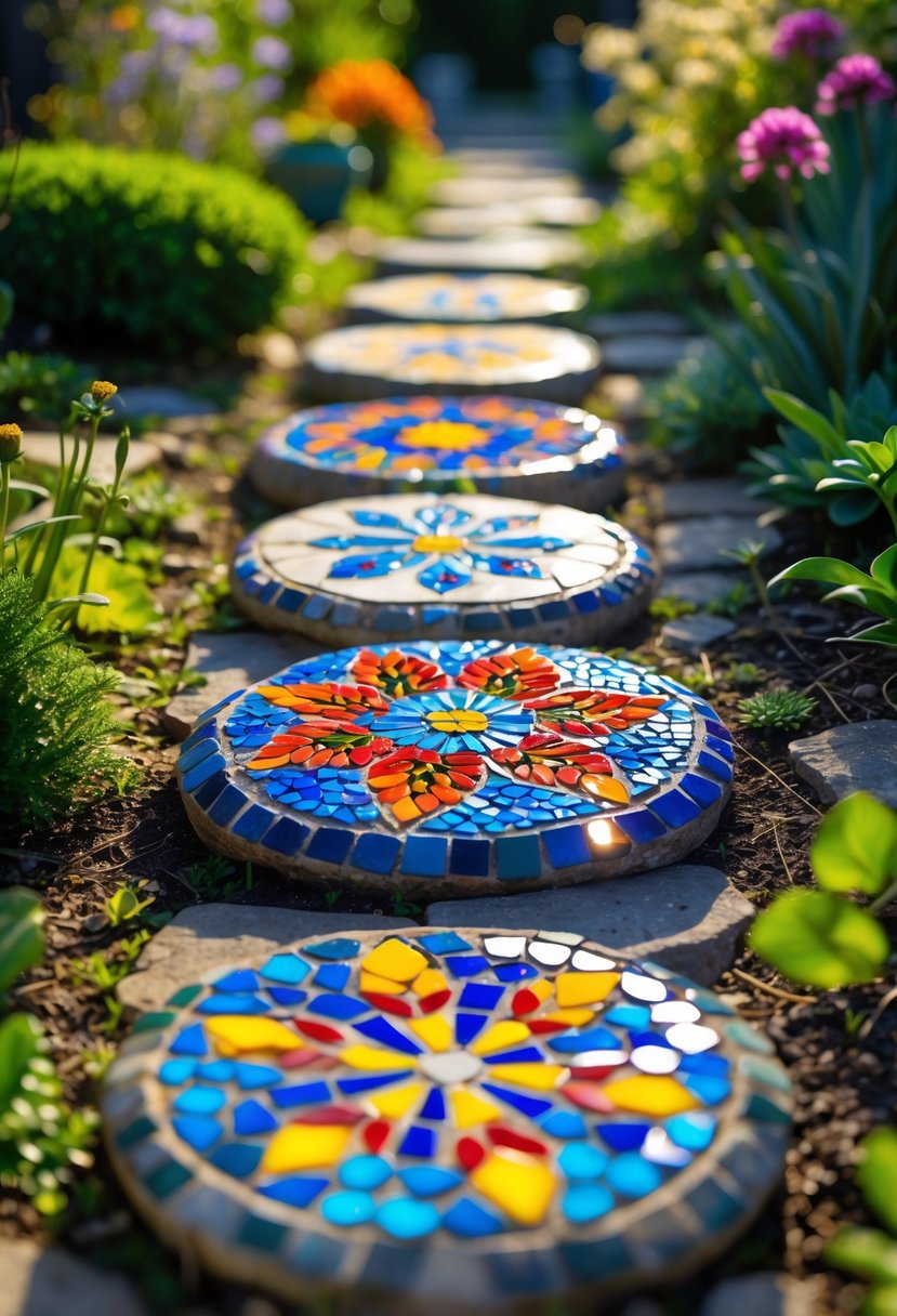 A garden pathway with colorful mosaic stepping stones decorated with floral patterns surrounded by green plants and flowers.