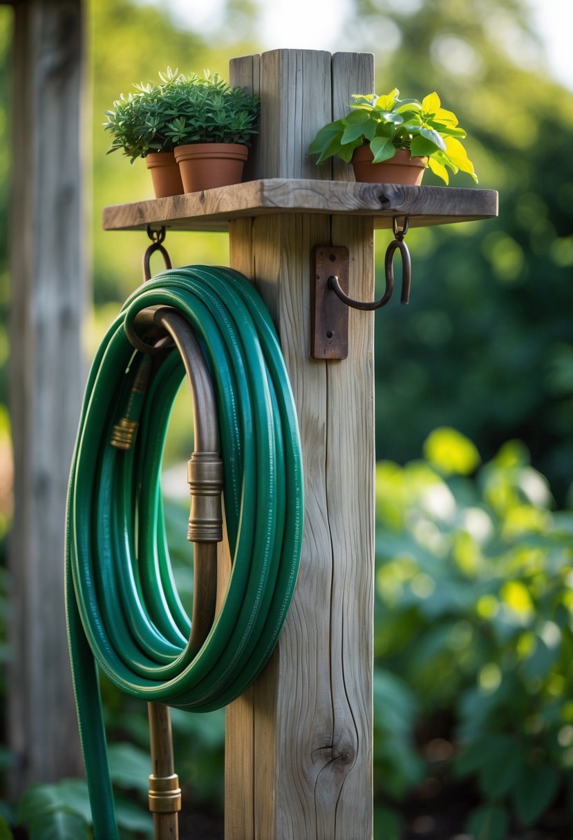 A rustic wooden post hose stand with a green garden hose coiled around it and a small shelf holding potted plants in a garden setting.