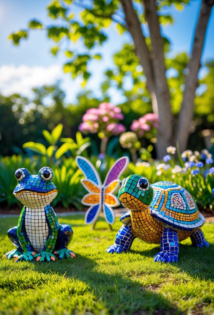 A garden with colorful animal-shaped mosaic sculptures surrounded by green grass, flowers, and trees under a clear sky.