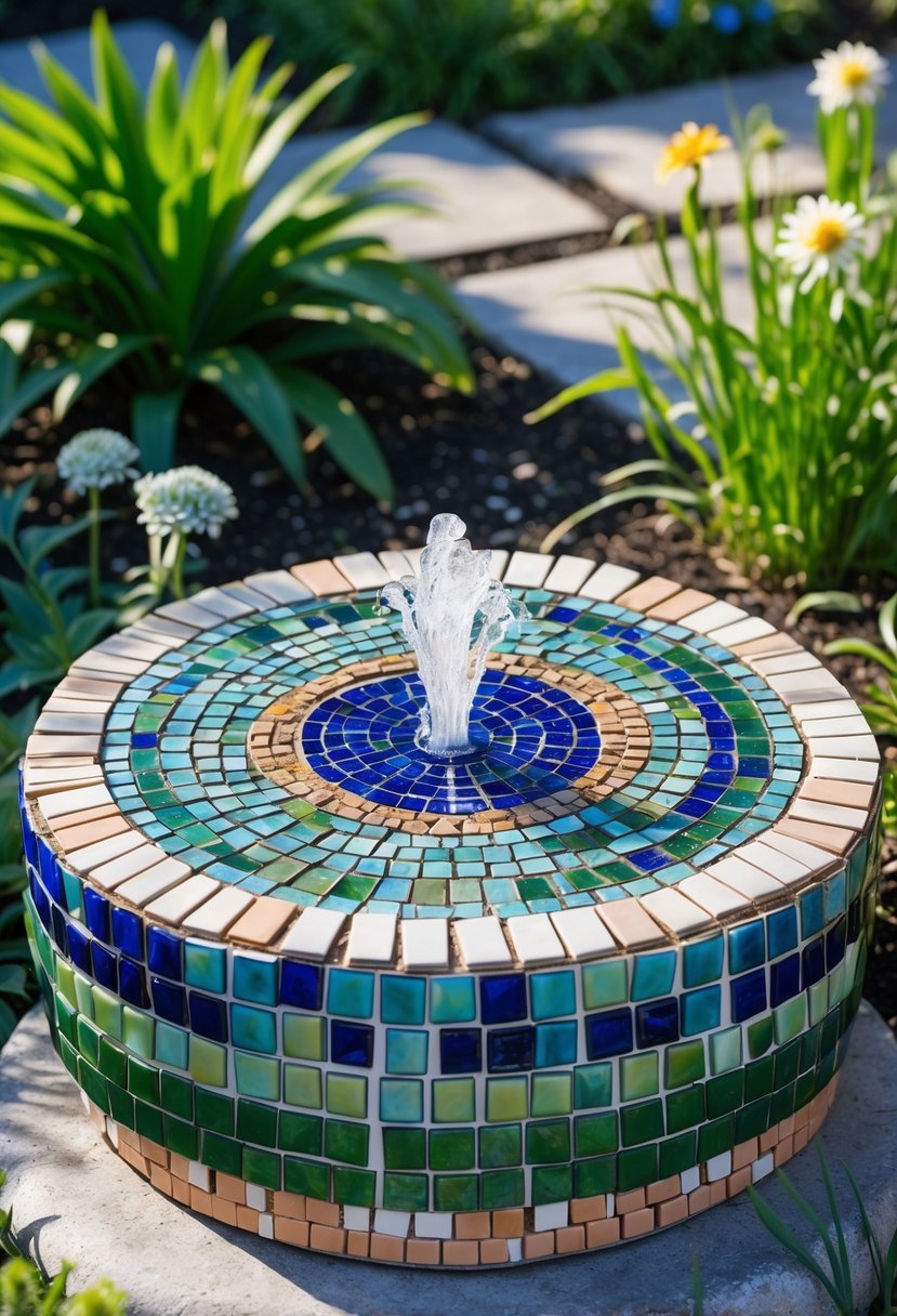 A mosaic fountain base made of colorful tiles surrounded by green plants in a garden.