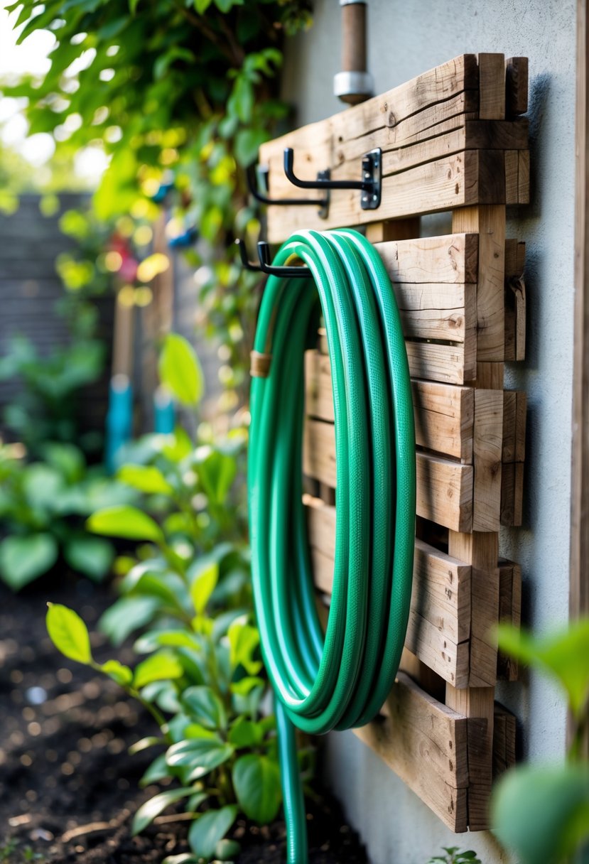 A rustic wooden garden hose rack made from pallet wood with a green garden hose coiled on it, mounted on an outdoor wall surrounded by plants.