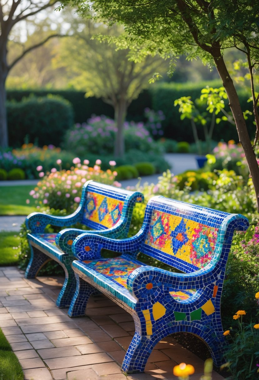A garden with mosaic benches decorated with colorful tile patterns surrounded by plants and flowers.