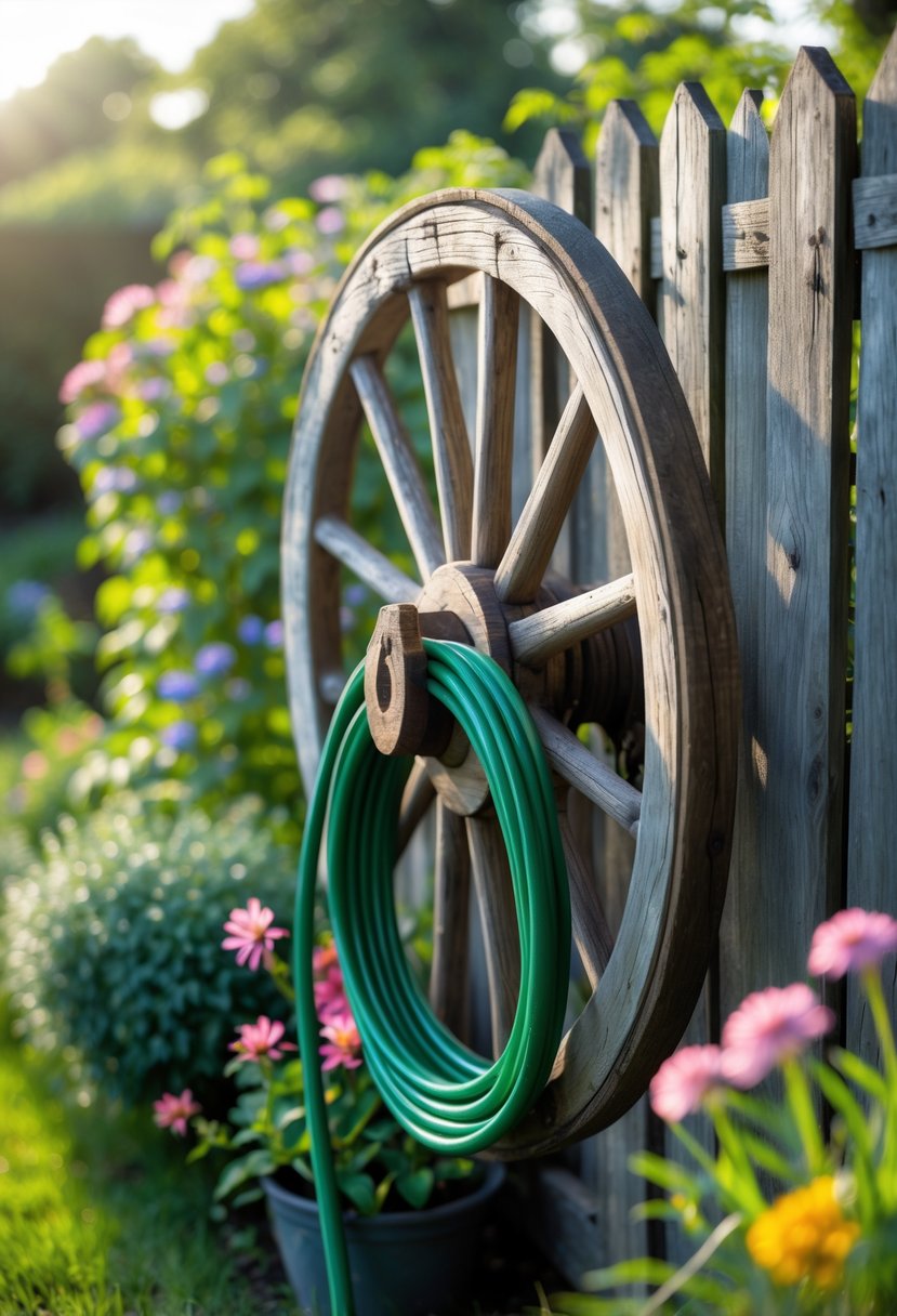 A vintage wooden wagon wheel mounted on a fence holding a coiled green garden hose surrounded by plants and flowers.
