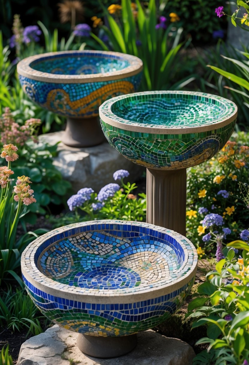 A garden with colorful mosaic birdbaths surrounded by flowers and greenery.