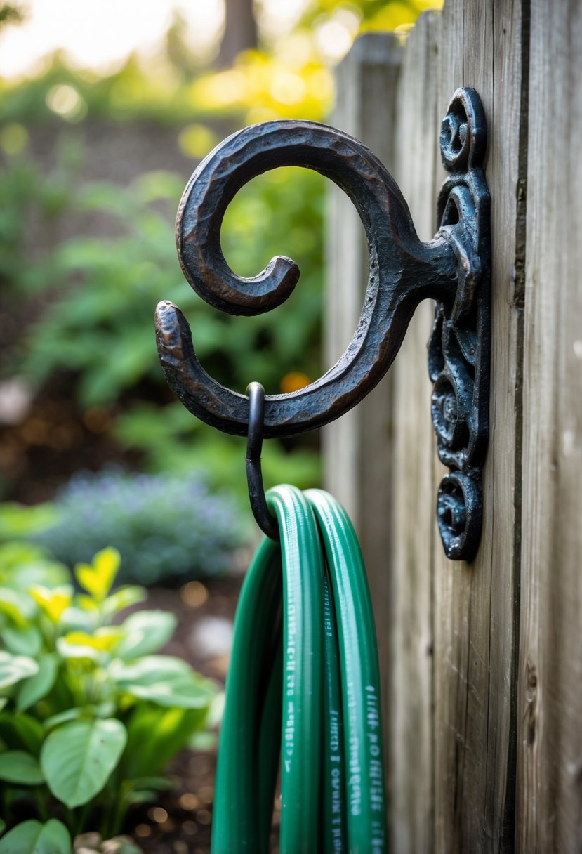A wrought iron hose hook holding a coiled green garden hose on a wooden fence with garden plants in the background.