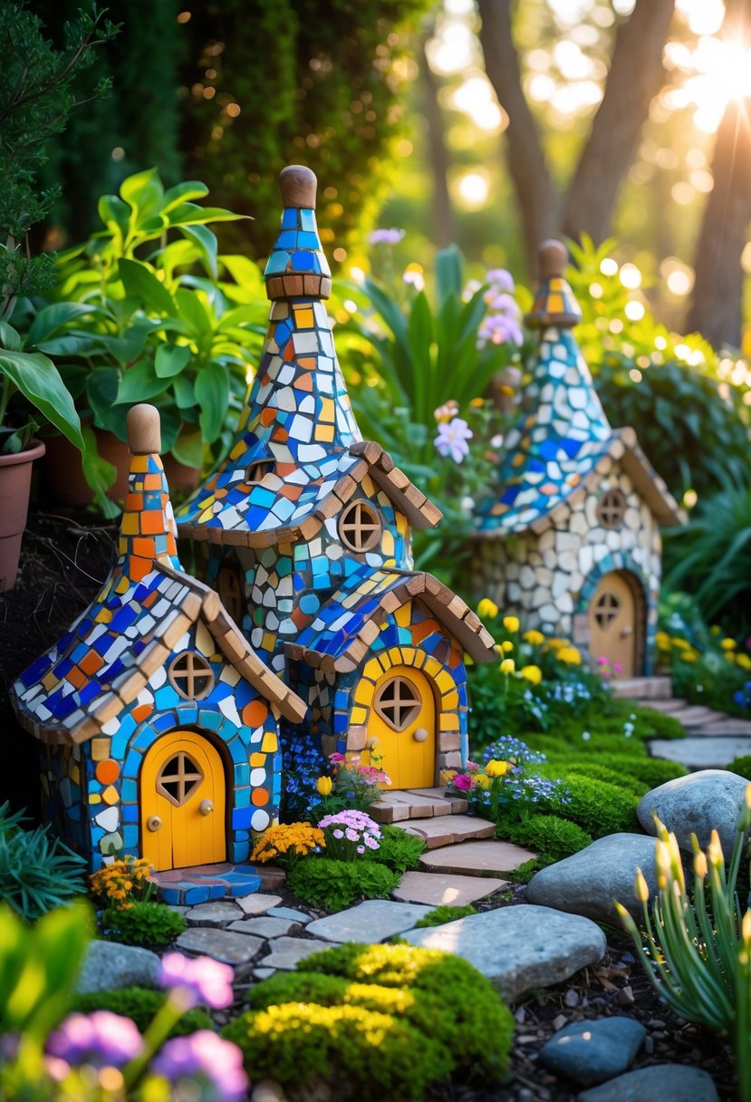 Colorful mosaic fairy houses surrounded by green plants and flowers in a garden corner.