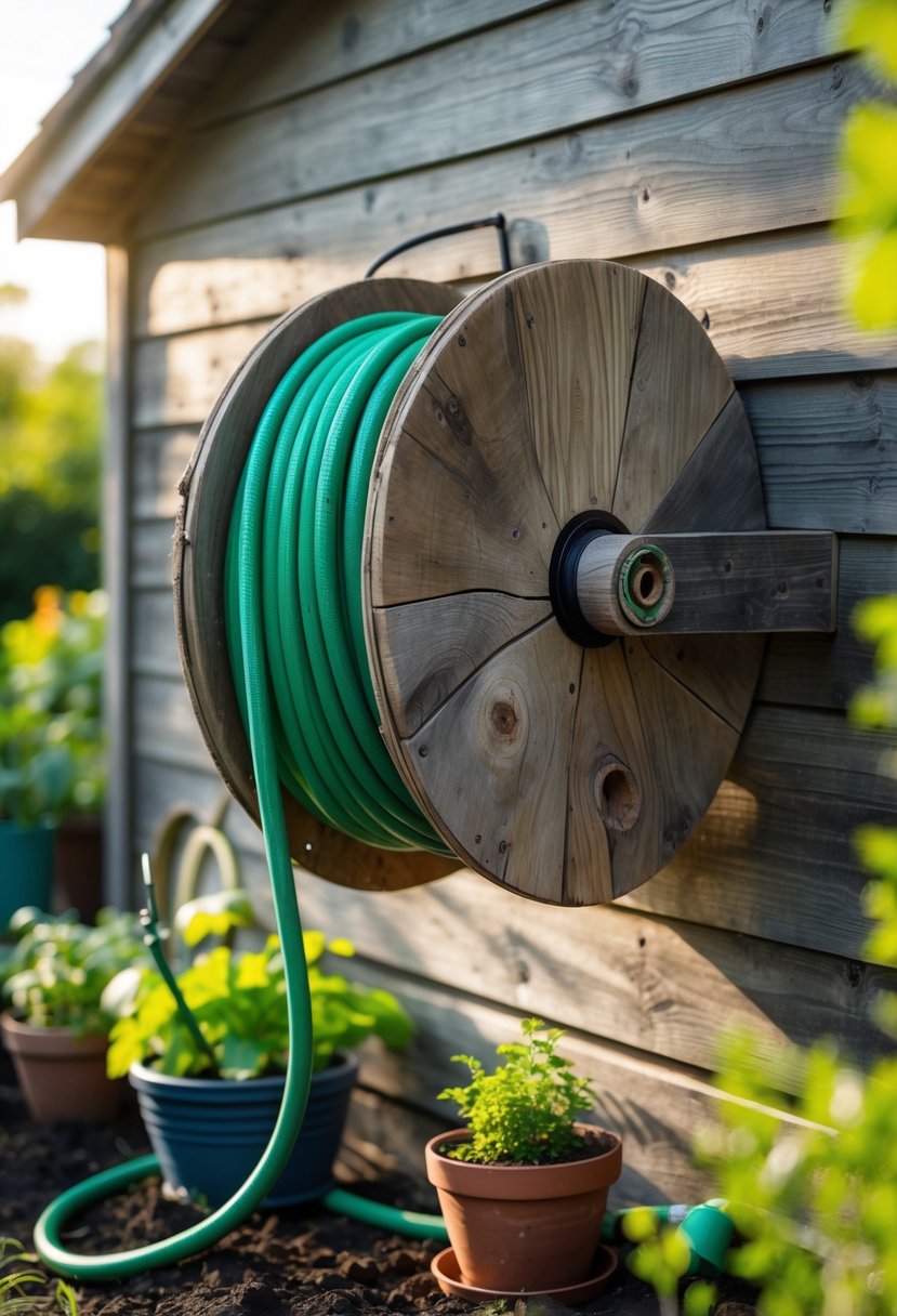 A wooden spool mounted on a garden shed wall holding a coiled green garden hose with plants and gardening tools nearby.