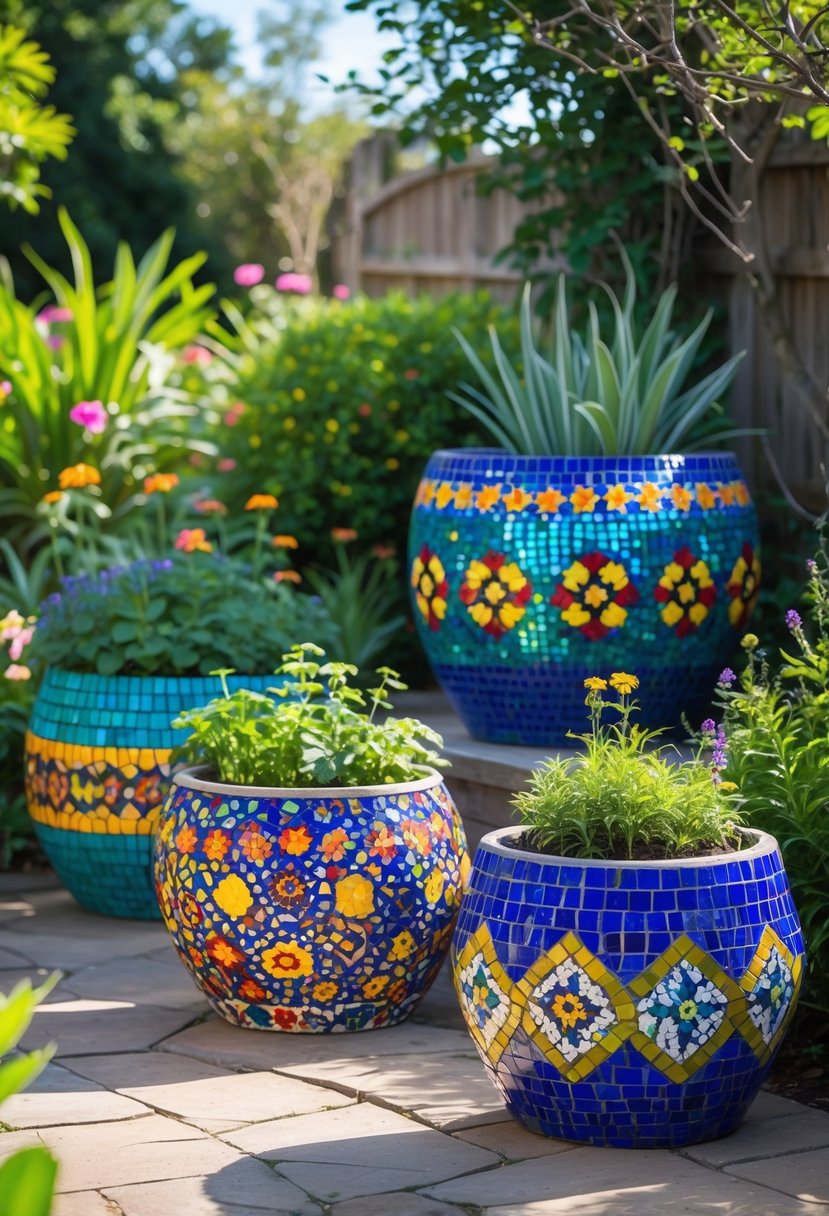 A garden scene with planters covered in colorful mosaic tiles surrounded by green plants and flowers.