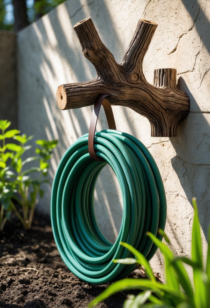 A garden hose neatly coiled on a rustic tree branch-shaped hose hanger mounted on an outdoor wall surrounded by green plants.