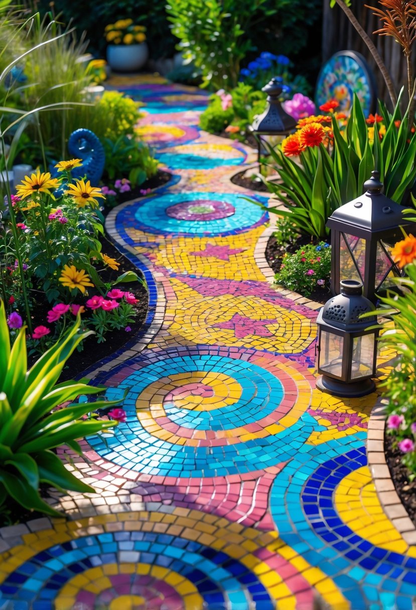 A garden with colorful mosaic pathways featuring playful shapes surrounded by green plants and flowers.