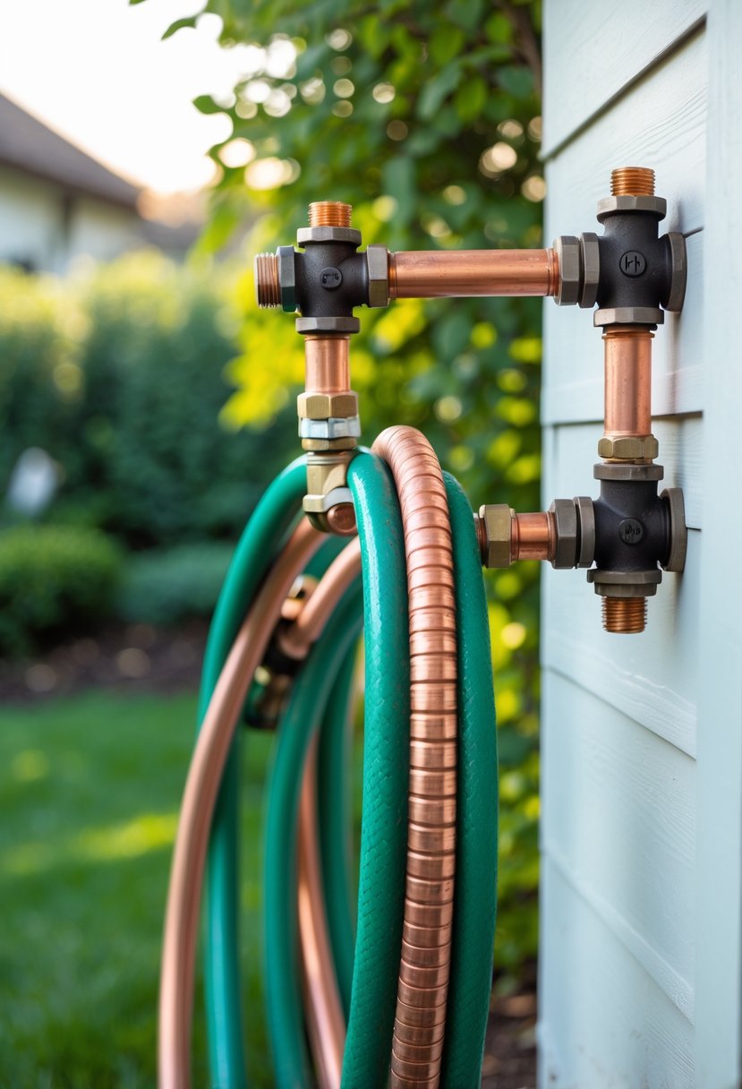 Copper pipe garden hose hanger mounted on a house wall with a green hose coiled around it and a garden in the background.
