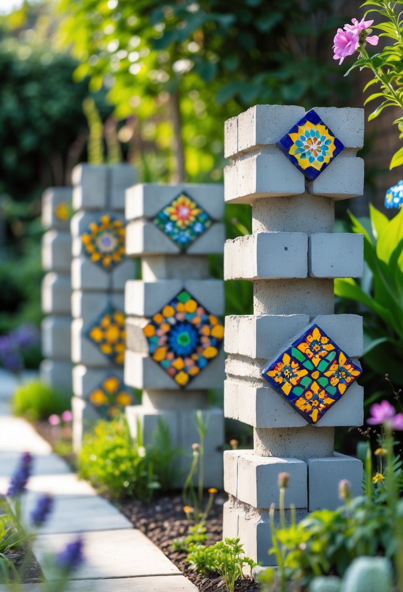 Stacked concrete block columns decorated with colorful mosaic tiles surrounded by plants in a garden.