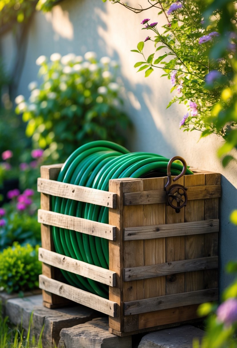A rustic wooden crate used to store a coiled garden hose outdoors with plants and flowers around it.
