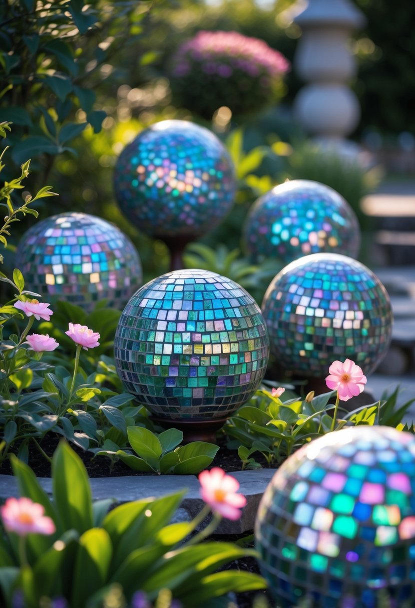 Several colorful mosaic gazing balls with iridescent tiles placed among green plants and flowers in a garden.