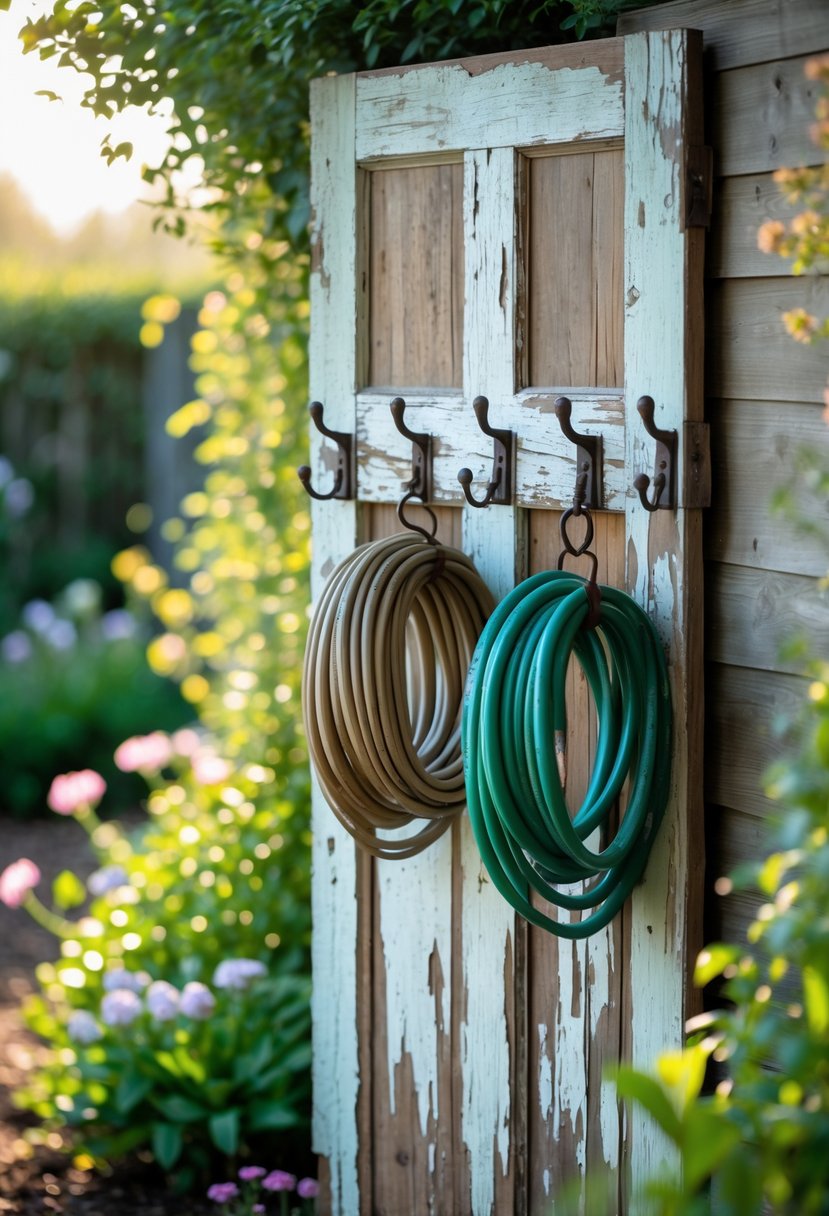 An antique wooden door mounted outdoors with garden hoses hanging on metal hooks surrounded by plants.