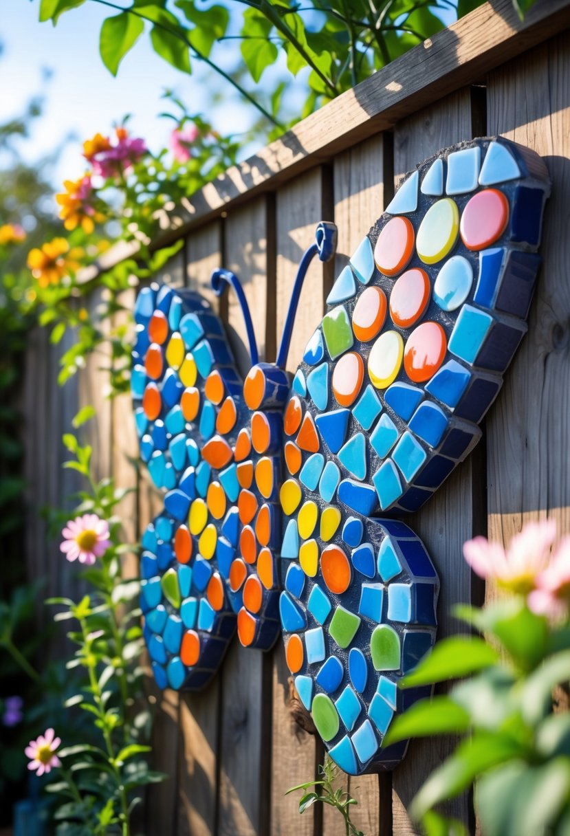 A colorful mosaic butterfly attached to a wooden garden fence surrounded by green plants and flowers.
