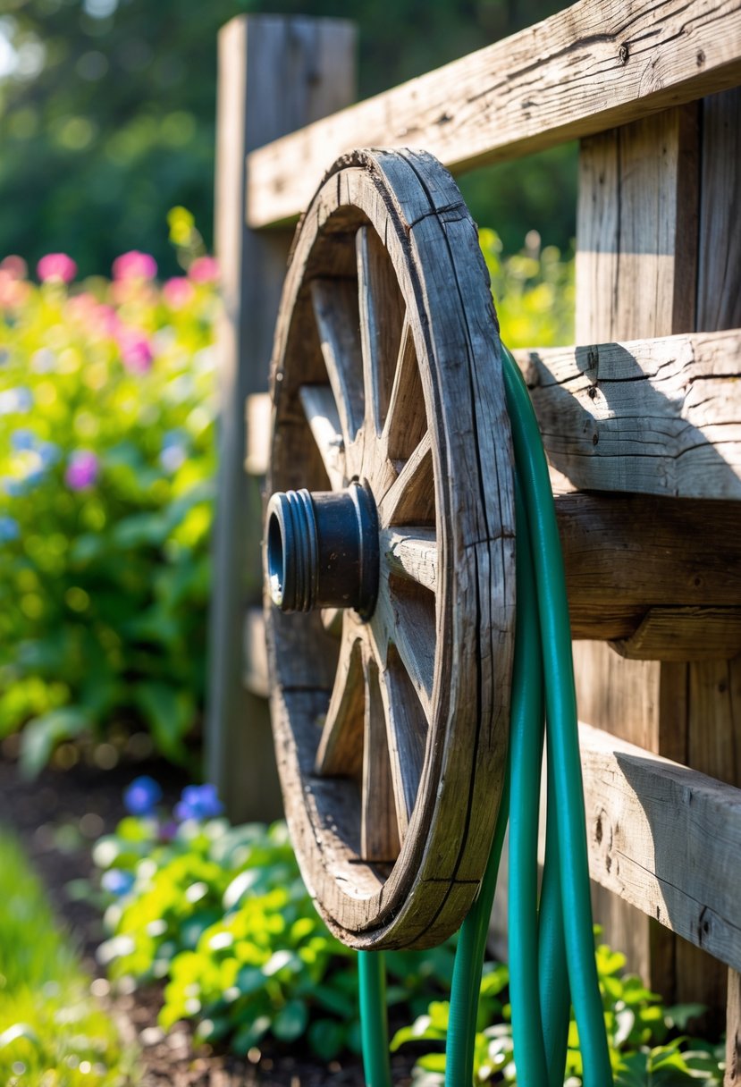 An old wooden wagon axle repurposed as a garden hose hanger in a green garden with flowers.