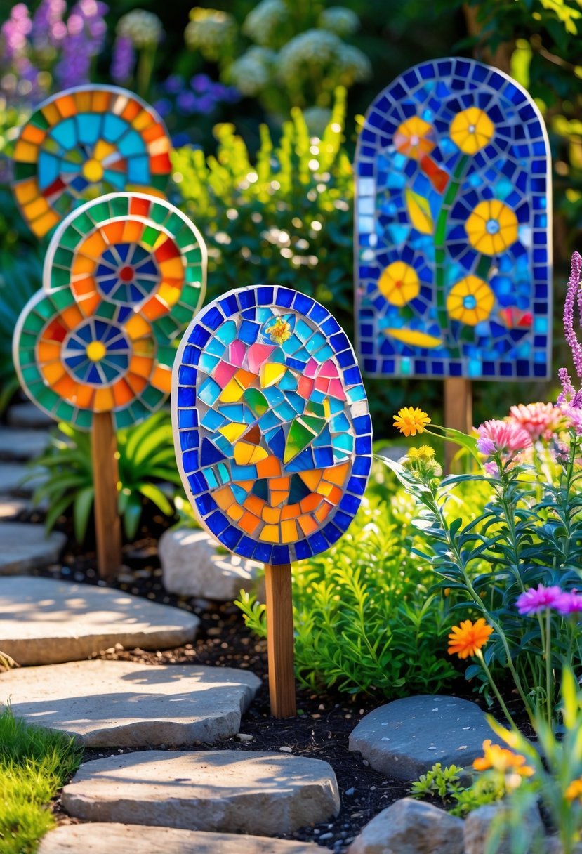 A colorful garden with hand-cut mosaic signs featuring bright, abstract patterns among flowers and greenery.