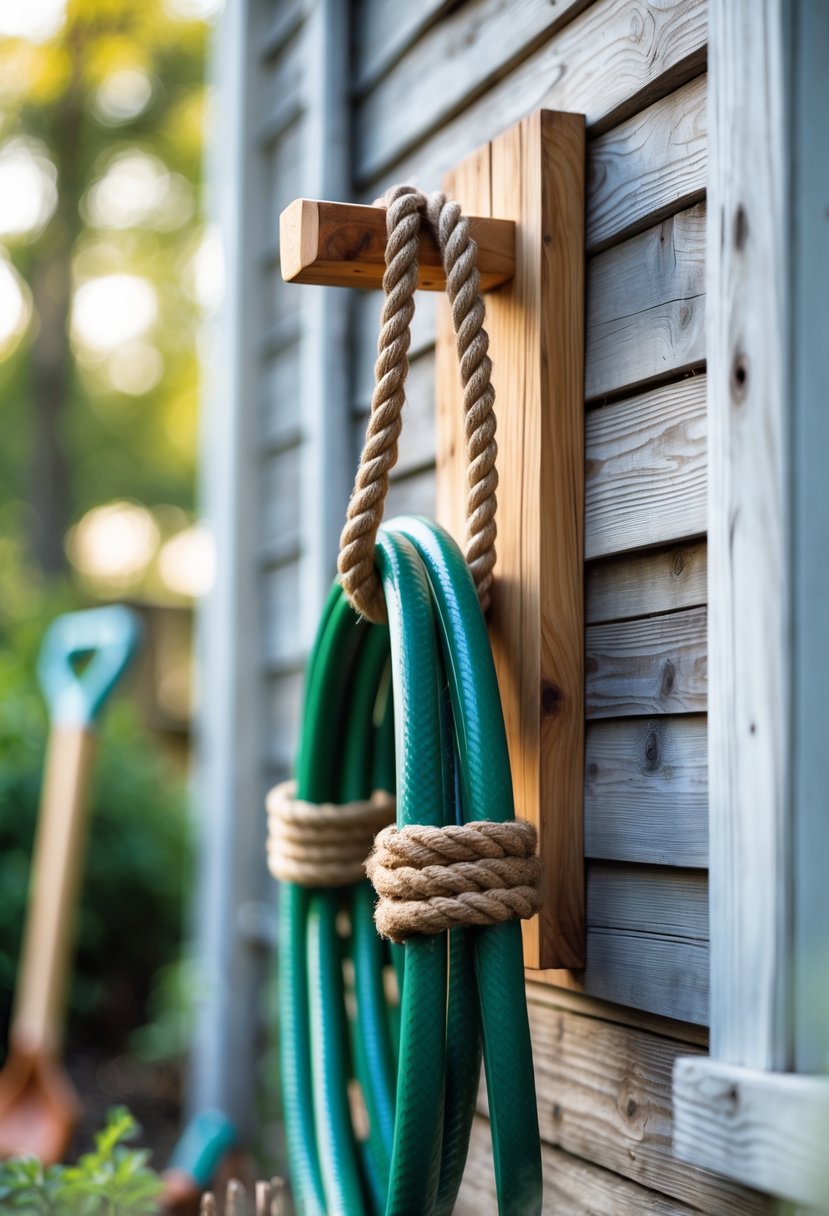 A wooden hose holder with thick rope loops holding a green garden hose on an outdoor wall with garden plants nearby.
