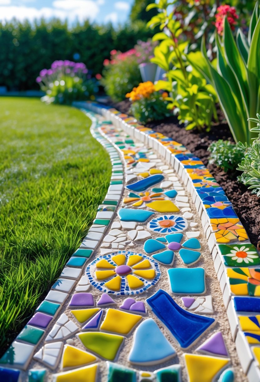 A garden border made from colorful broken porcelain pieces arranged in a mosaic pattern alongside green grass and blooming flowers.