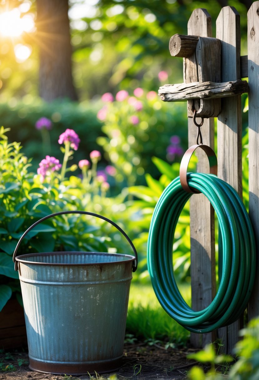 A rustic metal bucket and a wooden garden hose hanger holding a coiled green hose in a garden with plants and flowers.