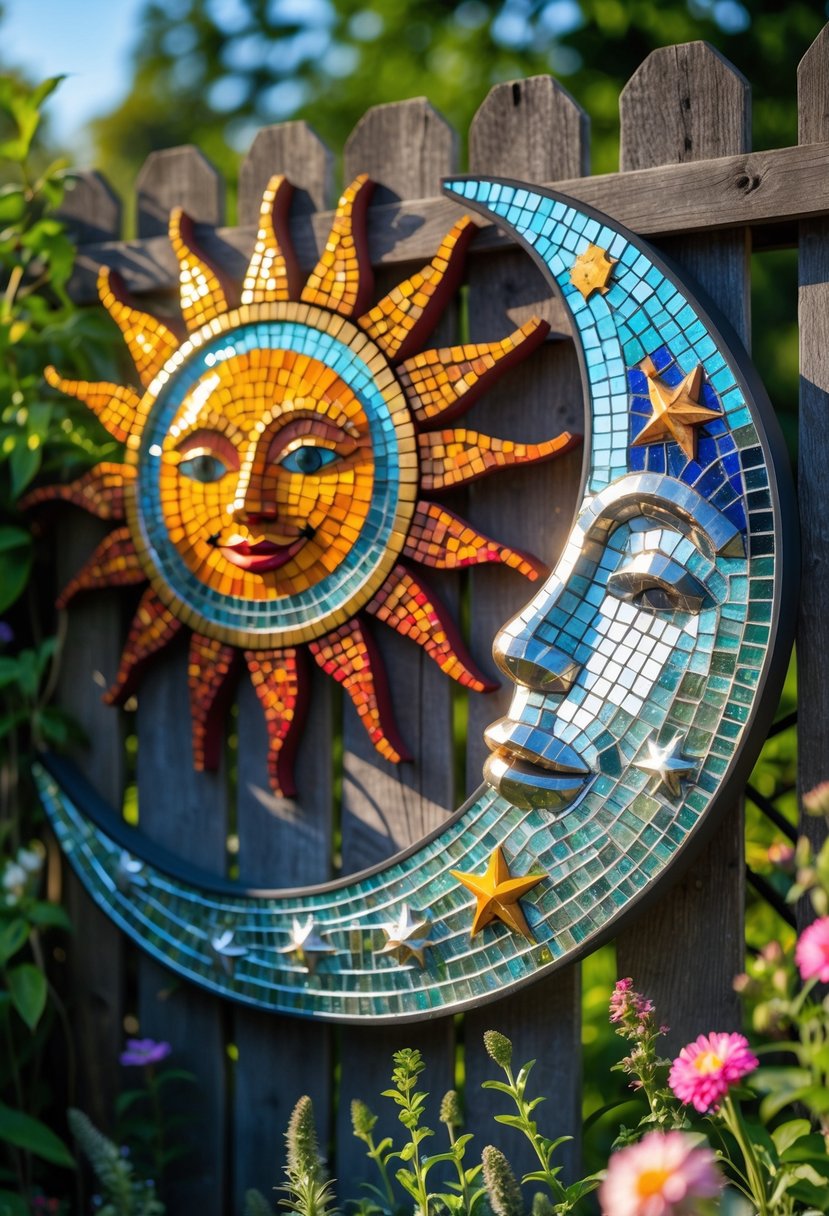 Two colorful sun and moon mosaic wall hangings displayed on a wooden fence in a garden with plants and flowers.