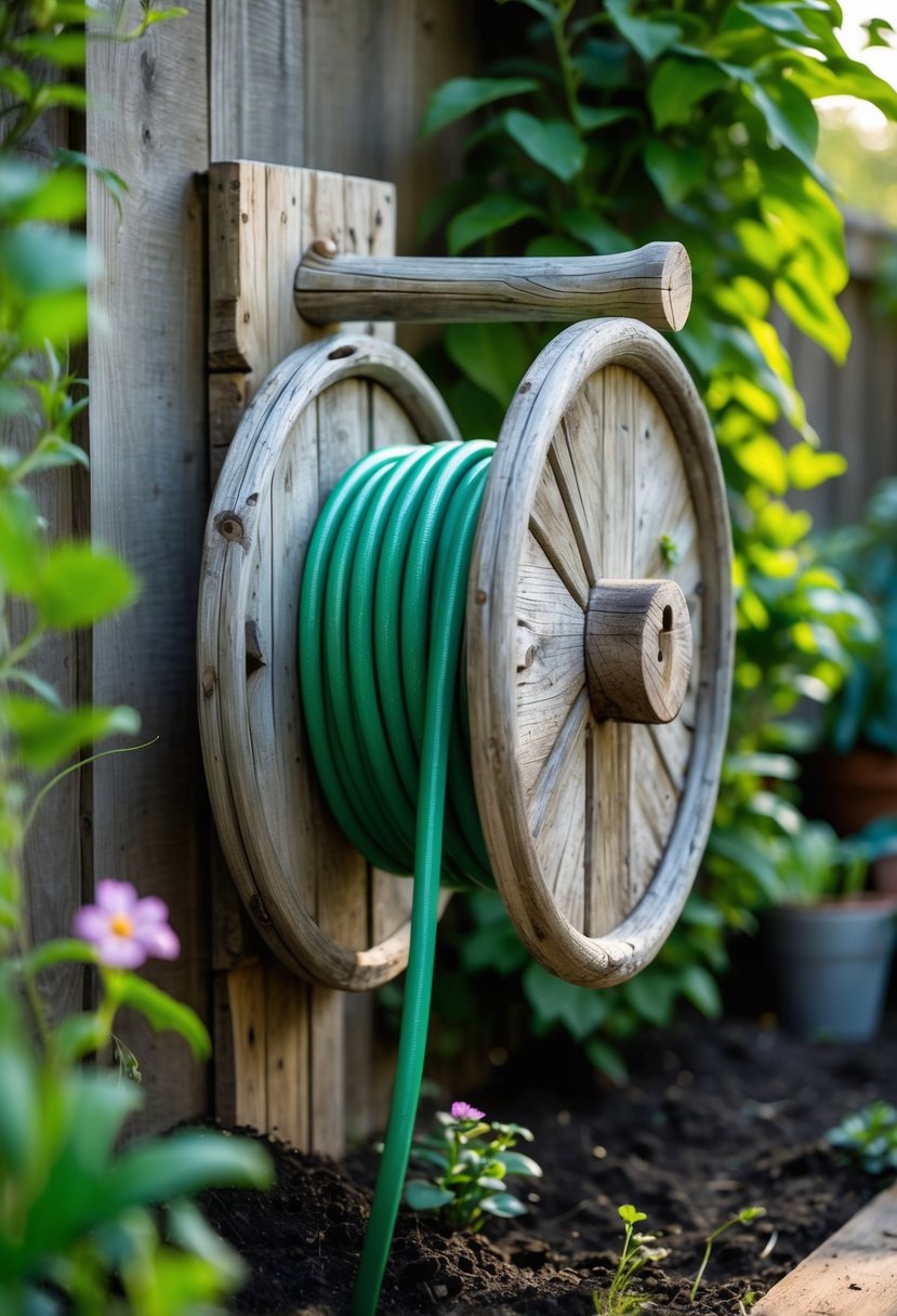 A rustic wooden garden hose reel mounted outdoors with a green garden hose coiled around it, surrounded by green plants and flowers.