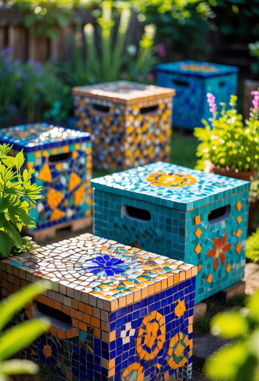 Garden tool storage boxes covered in colorful mosaic tiles surrounded by plants and flowers in a garden.
