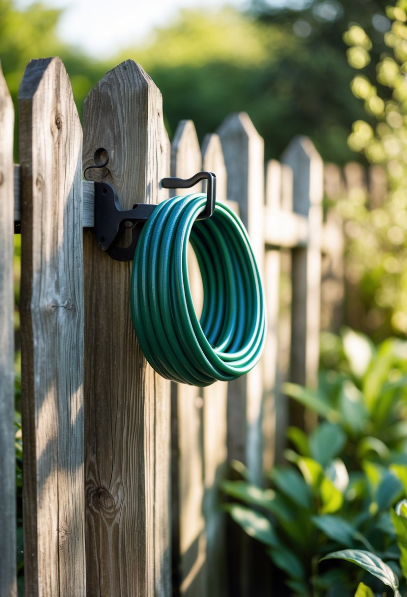 A wooden picket fence with a coiled garden hose hanging on a rustic hose holder in a garden.
