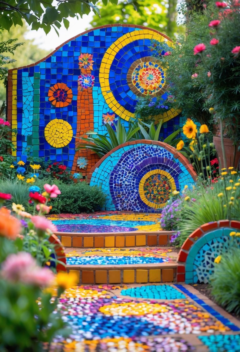 A colorful garden with bright mosaic art on walls, sculptures, and paths surrounded by greenery and flowers.
