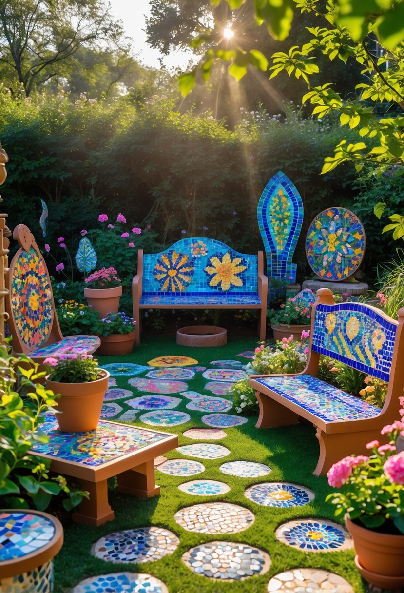 A garden filled with colorful mosaic artworks on benches, pots, stepping stones, and sculptures surrounded by green plants and flowers.
