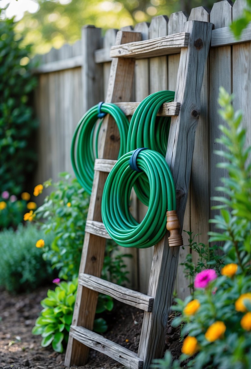 A wooden ladder repurposed as a garden hose hanger with coiled green hoses hanging on it in a garden setting.