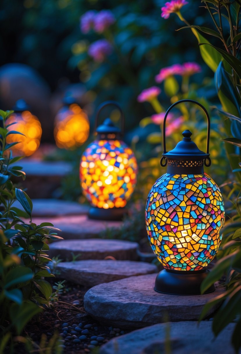 Illuminated mosaic garden lanterns with colorful patterns glowing among green plants in a garden at dusk.