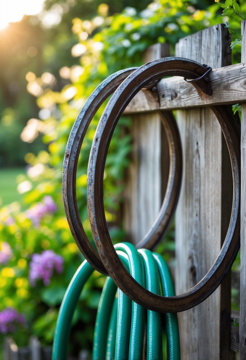 A rustic garden hose hanger made from old wine barrel hoops mounted on a wooden fence holding a coiled green garden hose in a garden with green plants and flowers.