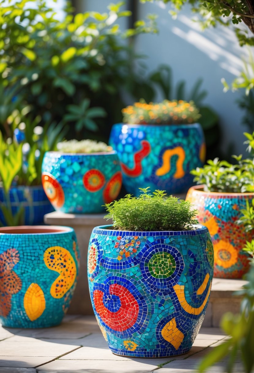 Flower pots decorated with colorful mosaic tiles arranged in a garden with green plants.