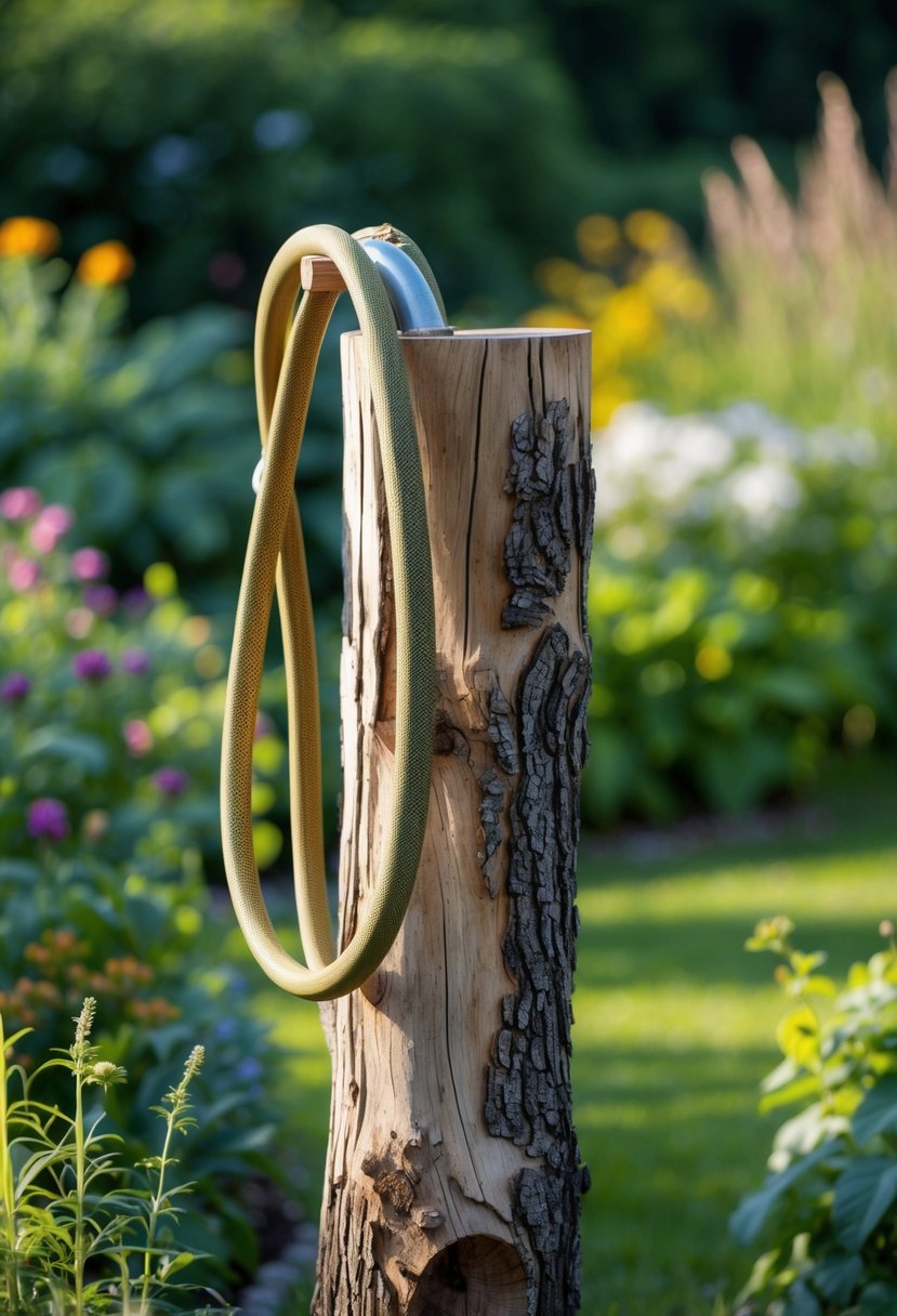A rough wooden log post holding a neatly coiled garden hose in a green garden setting.
