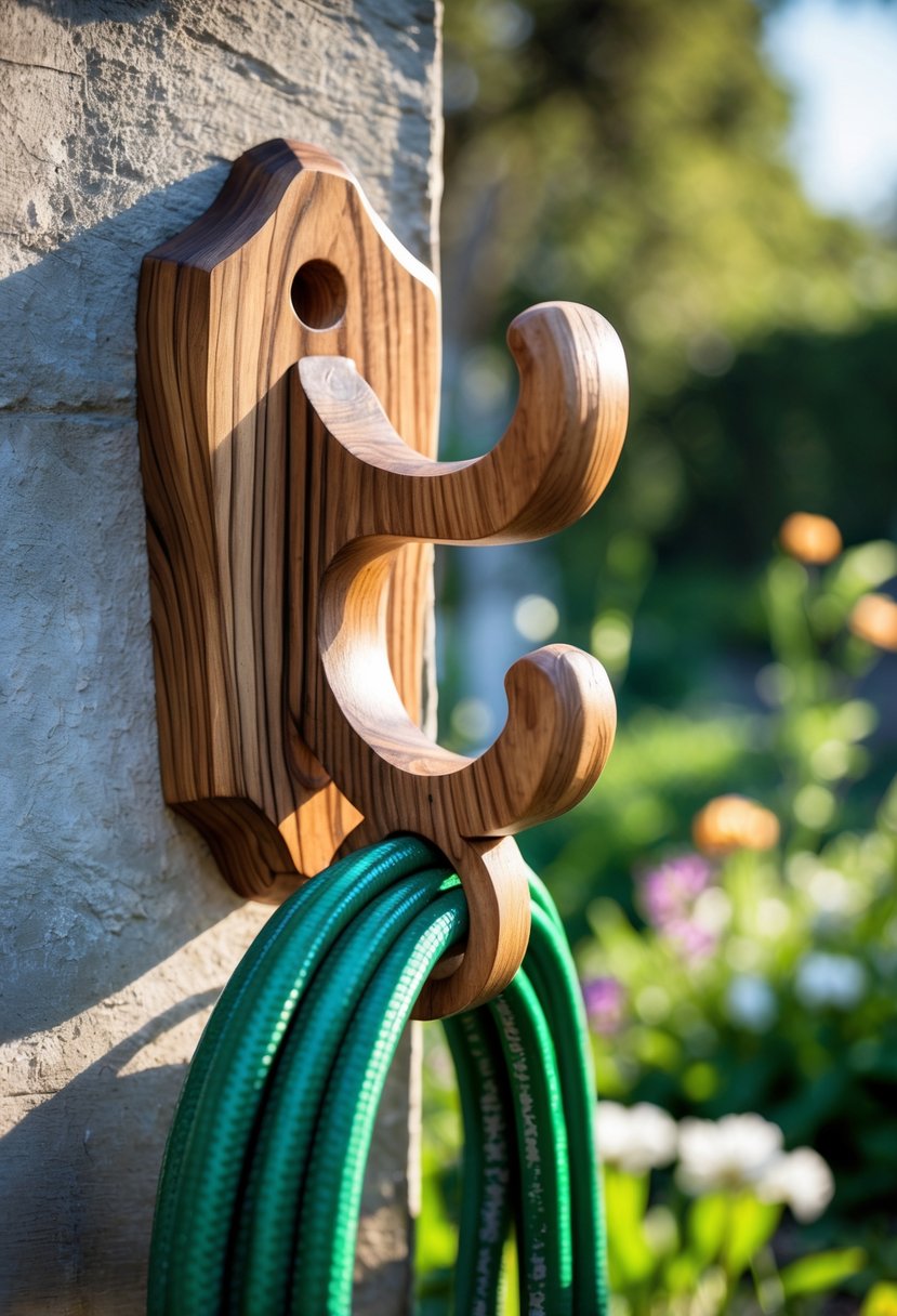 Hand-carved wooden hose hook holding a coiled green garden hose mounted on an outdoor wall with garden plants in the background.