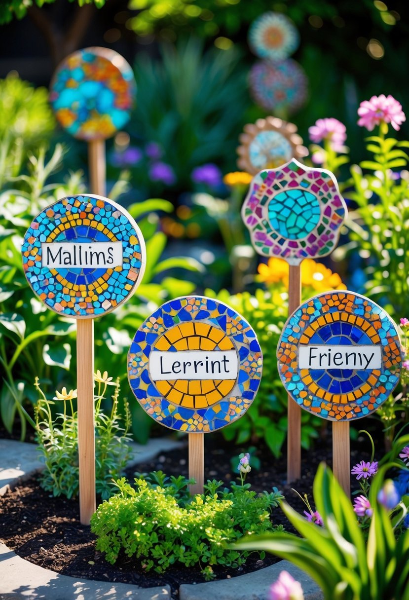 Colorful mosaic garden plaques displayed among green plants and flowers in a sunny personal garden.