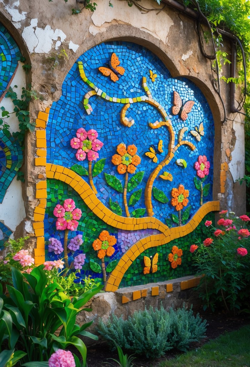 Old garden walls decorated with colorful mosaic murals of flowers, butterflies, and vines surrounded by green plants and flowers.