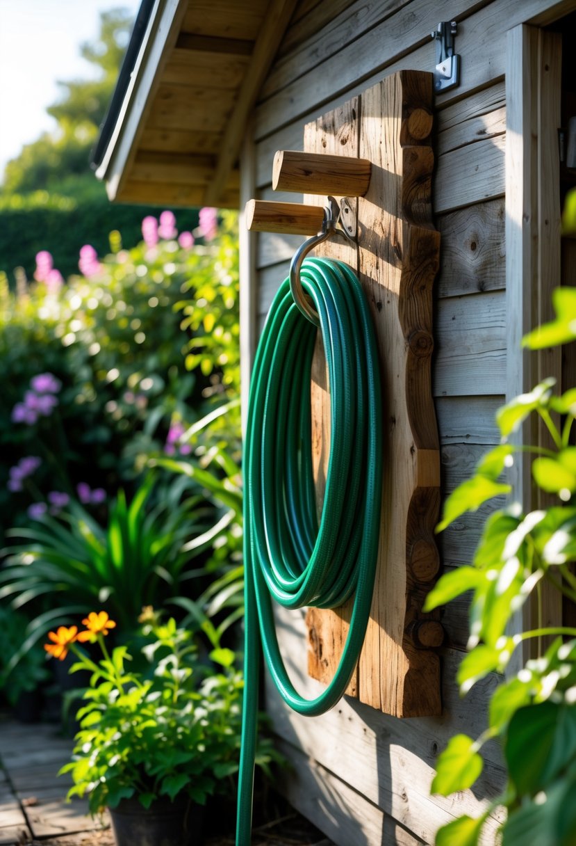 A recycled timber garden hose hanger mounted on a garden shed wall with a green hose neatly coiled, surrounded by plants and flowers.