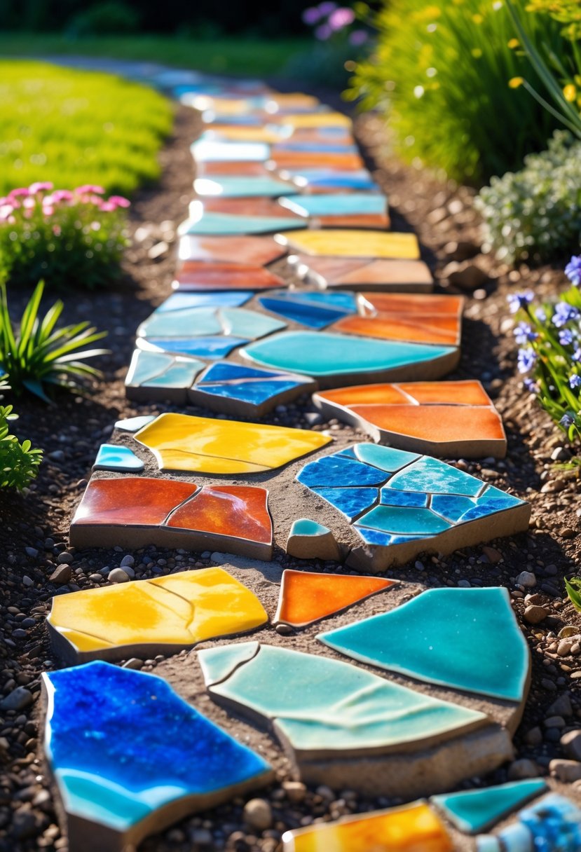 A garden pathway with colorful broken tile stepping stones arranged in a mosaic pattern surrounded by plants and grass.