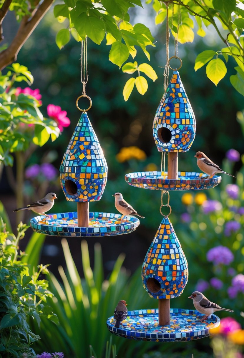 Colorful mosaic bird feeders hanging in a garden with birds perched on them surrounded by green plants and flowers.