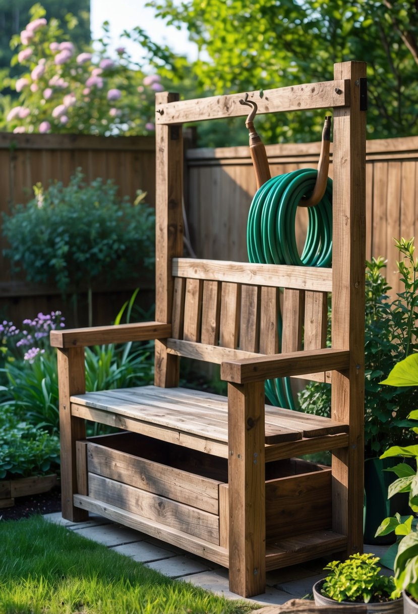 A rustic wooden garden bench with storage next to a wooden garden hose hanger holding a coiled green hose, set in a green backyard garden with flowers and plants.