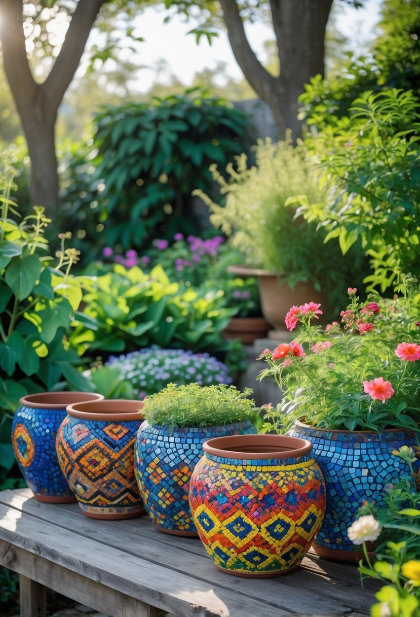 Several colorful mosaic-covered garden pots arranged on a wooden table surrounded by green plants and flowers in a garden.