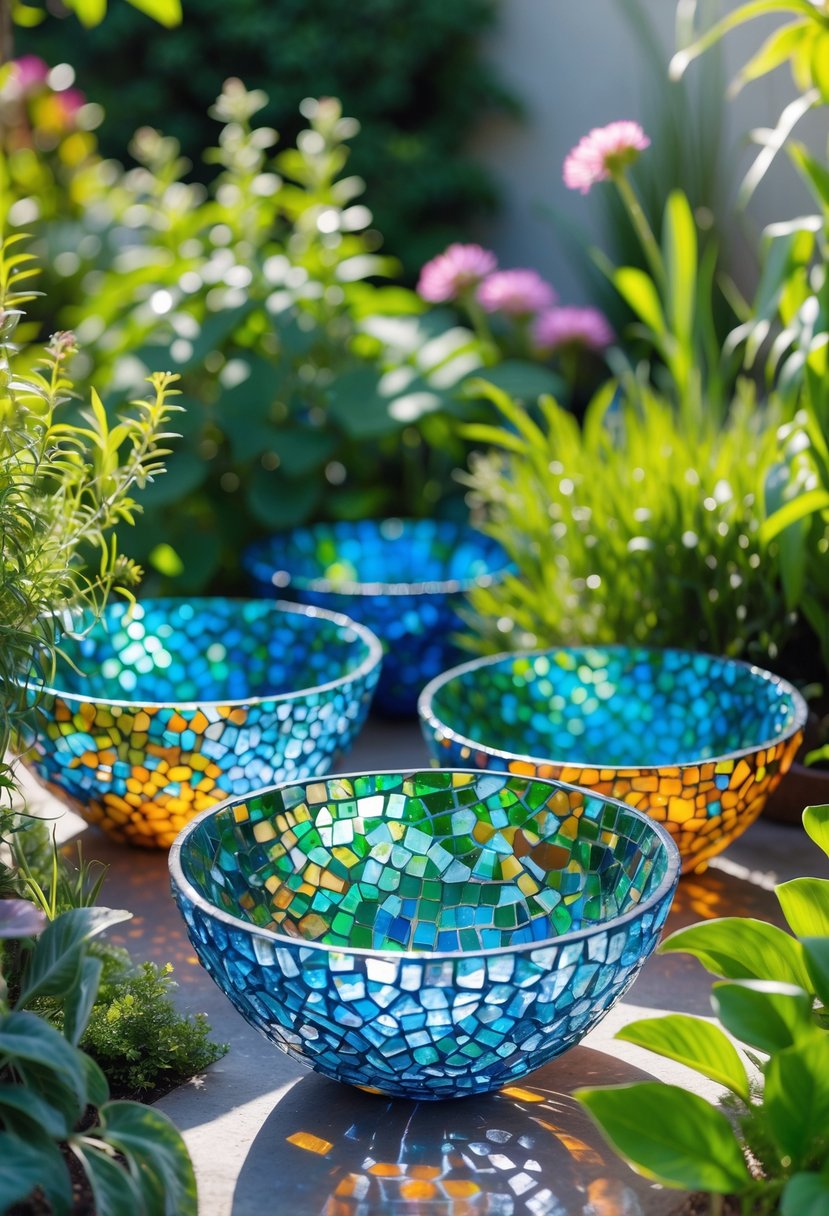 Colorful recycled glass mosaic bowls displayed among plants and flowers in a garden.