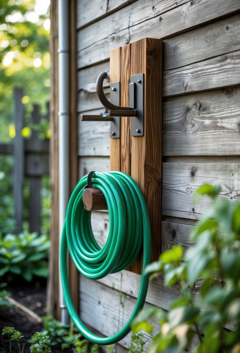 A wooden and metal garden hose holder mounted on a wooden wall with a green hose coiled around it in an outdoor garden setting.