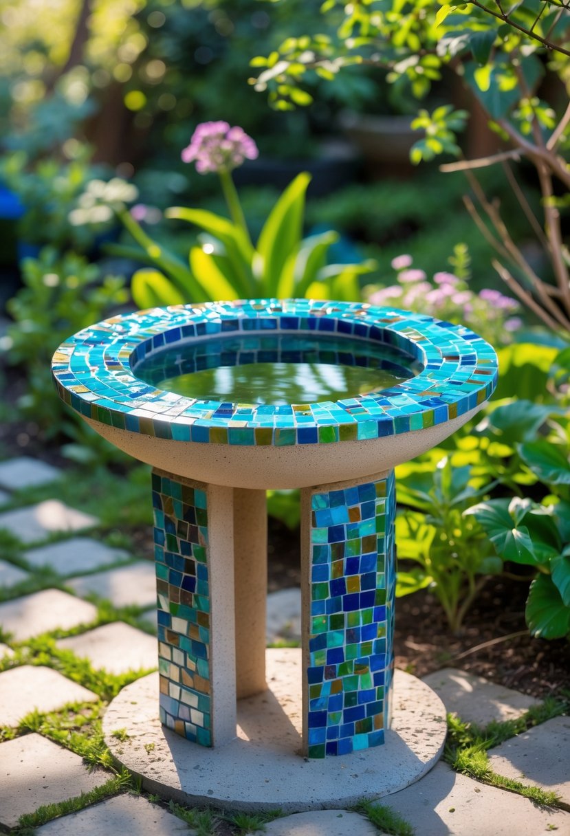A colorful mosaic birdbath stand in a garden surrounded by plants and flowers.