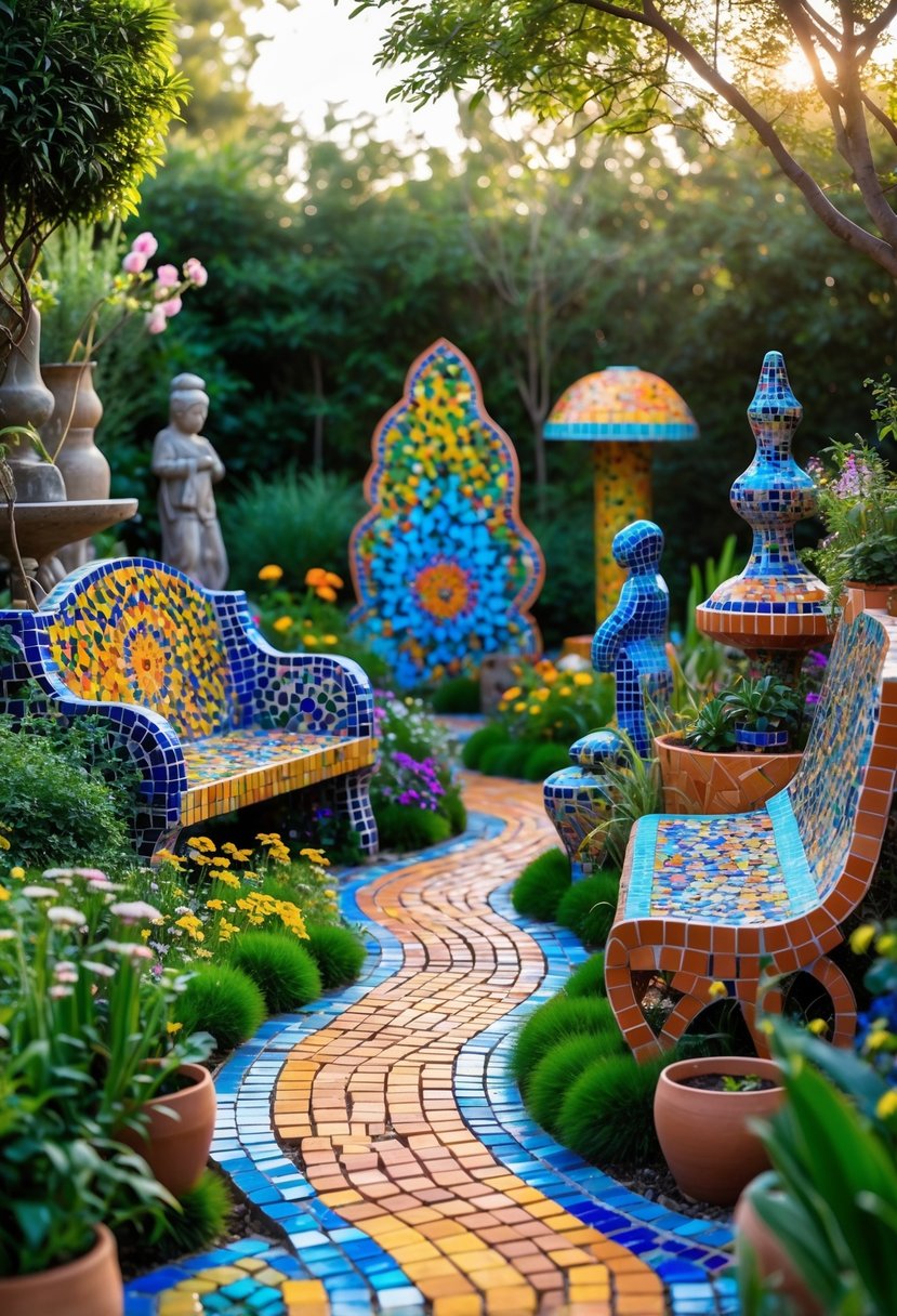 A garden filled with colorful mosaic sculptures, benches, and pathways surrounded by green plants and flowers.