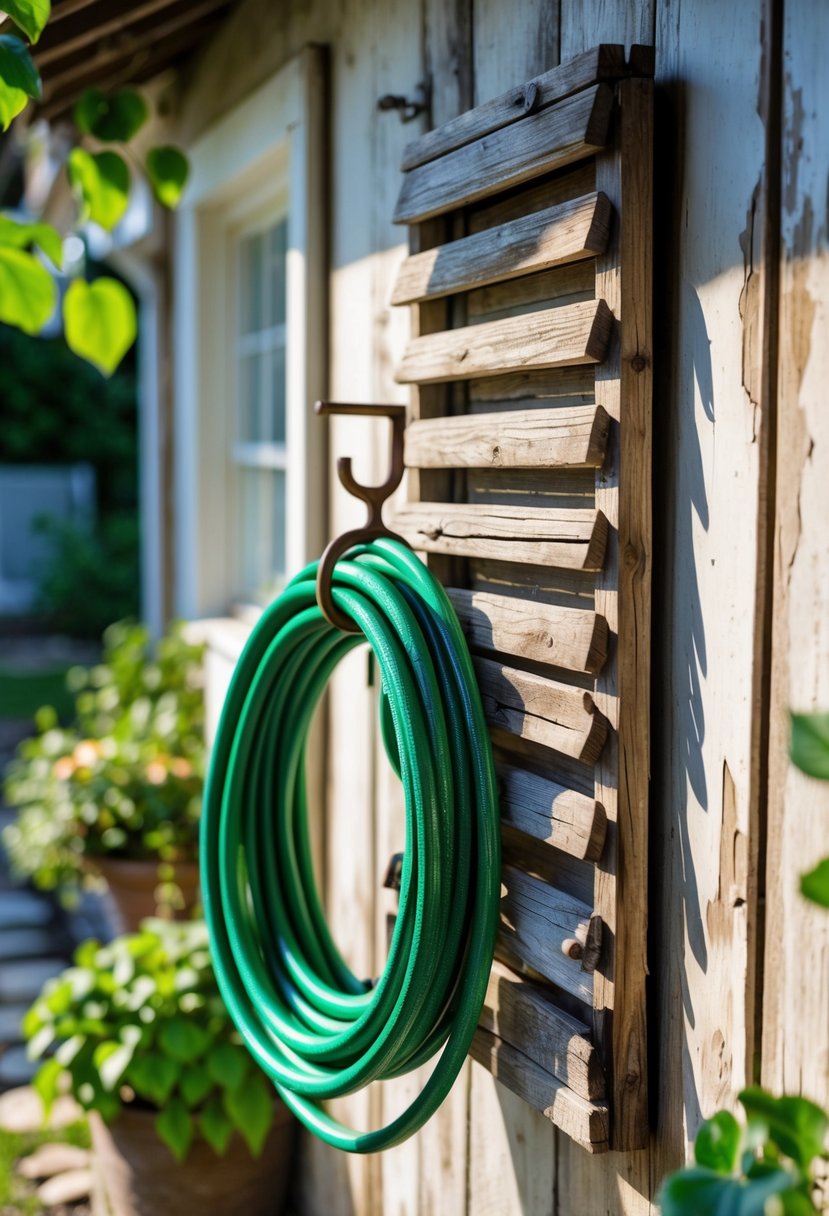 A garden hose neatly coiled on a rustic wooden shutter hanger mounted on an outdoor wall with plants nearby.